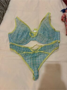 Cacique Sheer Aqua Check Mesh Bra & Panty Set with Yellow Trim